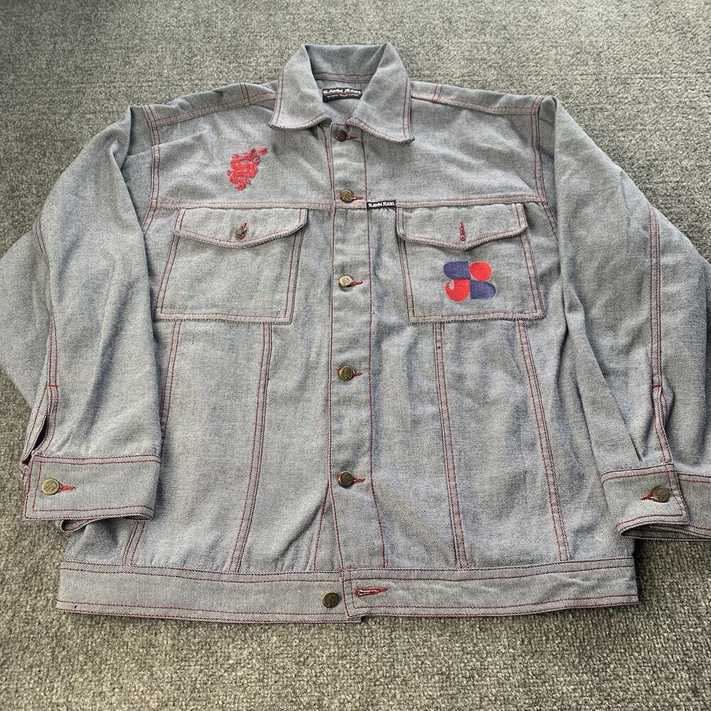 Slamm Jeans Denim Jacket Mens XL Embroidered Dragon Yin Yang Y2K Vintage Hip Hop